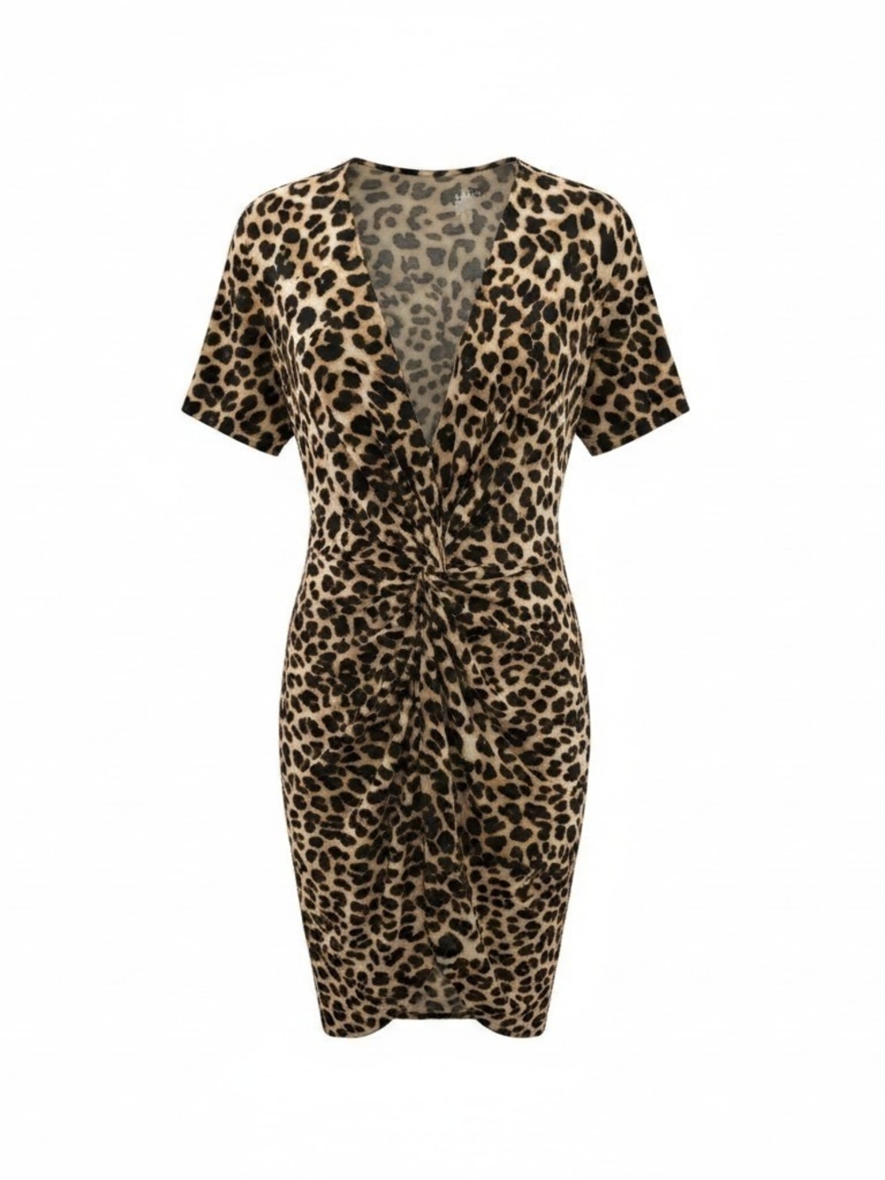 New York & Company Leopard Twist-Front V-Neck Midi Dress - Tan/Black - Large